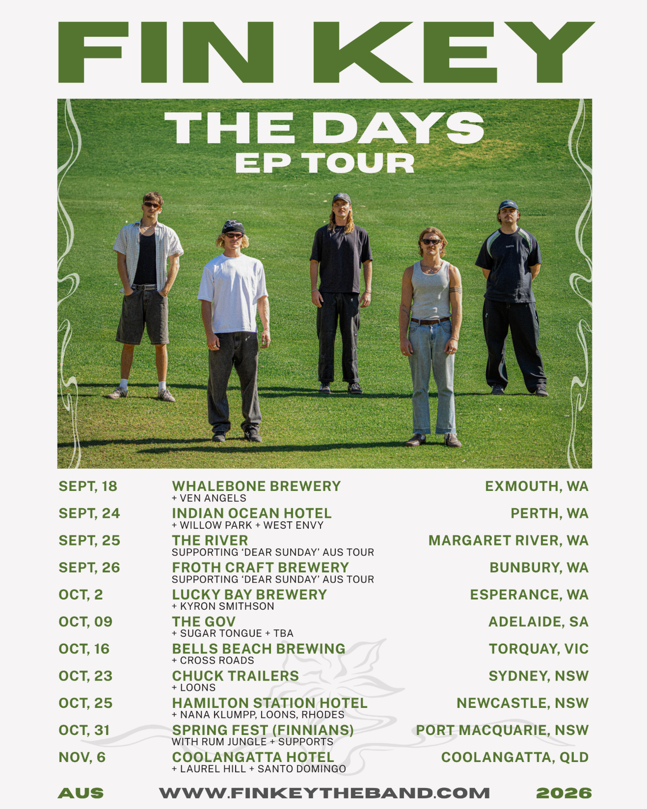 Official Australian tour poster for Fin Key’s The Days EP Tour 2026, featuring band members on a grass field above show dates.